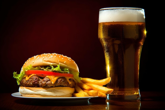 Un verre de bière à côté d'un burger et d'une assiette de frites.