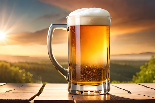 Un verre de bière avec un coucher de soleil en arrière-plan