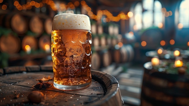 un verre de bière debout sur un baril de bois contre le fond d'un sous-sol