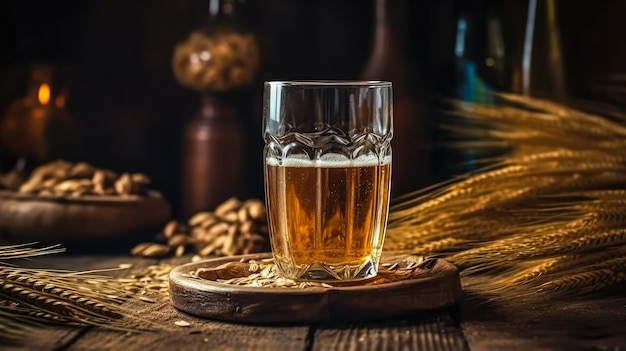 Photo verre de bière avec du blé sur fond de bois ai généré