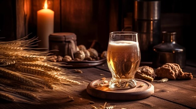 verre de bière avec du blé sur fond de bois Ai généré