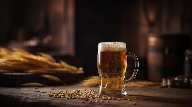 Un verre de bière avec du blé sur la table