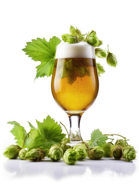 Un verre de bière avec du houblon isolé sur fond blanc