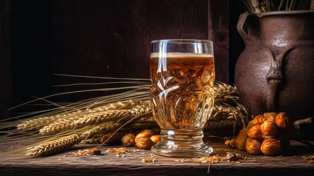 Verre à bière et épice de blé sur une vieille table en bois rustique générée par Ai