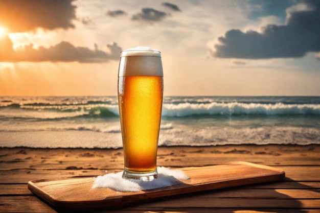 un verre de bière est assis sur une table à côté de l'océan
