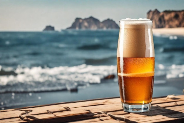 un verre de bière est assis sur une table à côté d'une plage