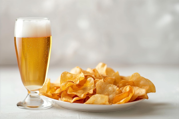 Un verre de bière est à côté d'une assiette de frites