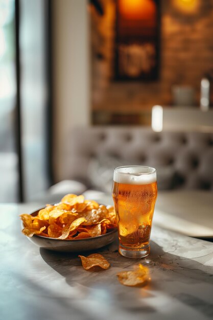 Un verre de bière est à côté d'une assiette de frites