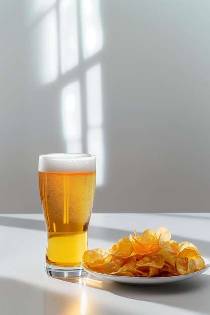 Un verre de bière est à côté d'une assiette de frites