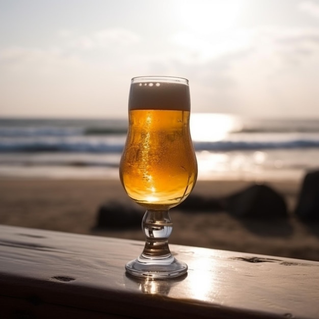 Un verre de bière est posé sur une table au bord de la plage.