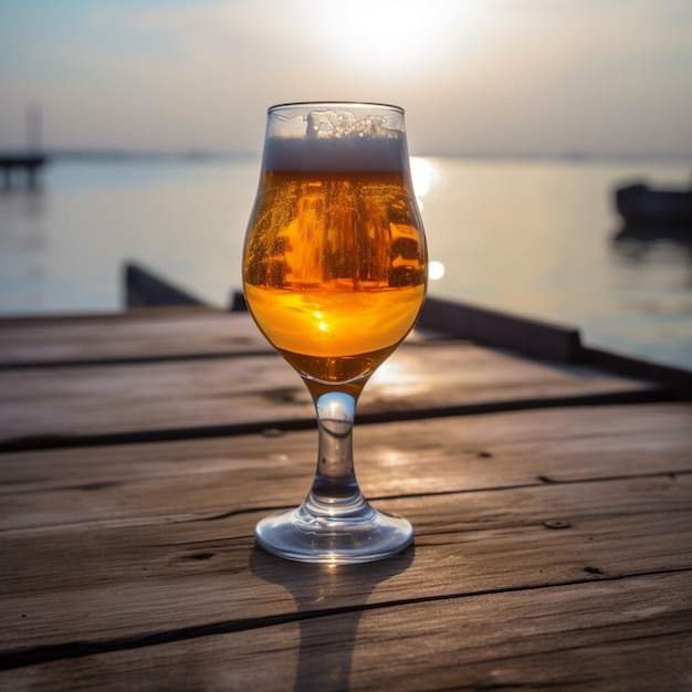 Un verre de bière est posé sur une table en bois au bord de l'eau.