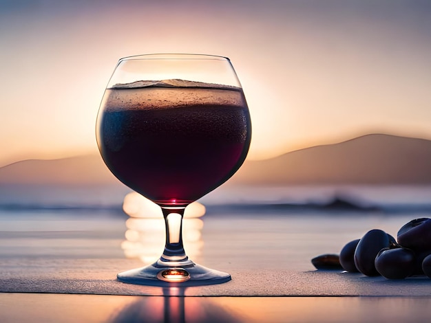 Un verre de bière est posé sur une table avec un coucher de soleil en arrière-plan.