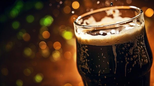 Photo un verre de bière foncée sur fond bokeh avec copyspace