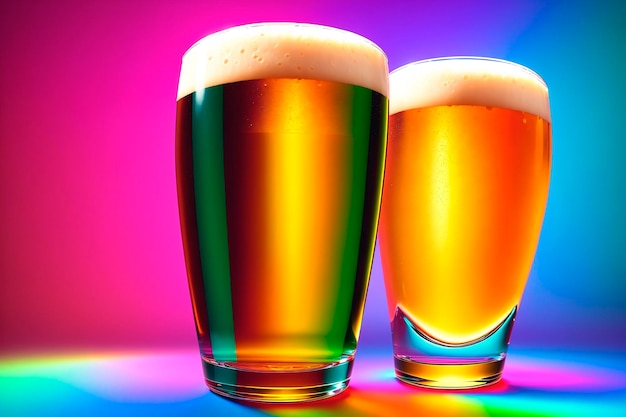 Un verre de bière sur un fond coloré Gros plan IA générative
