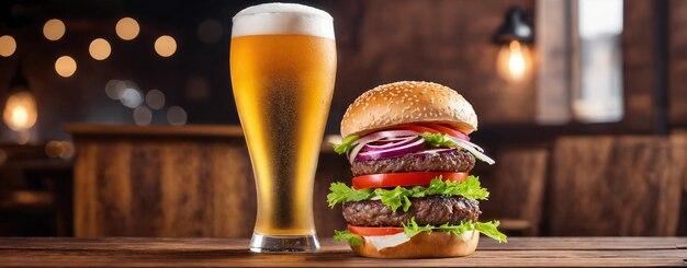 Photo un verre de bière fraîche et fraîche avec un hamburger gourmet dans un bar et un pub sombre banner conept