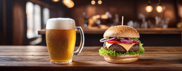 Un verre de bière fraîche et fraîche avec un hamburger gourmet dans un bar et un pub sombre Banner conept