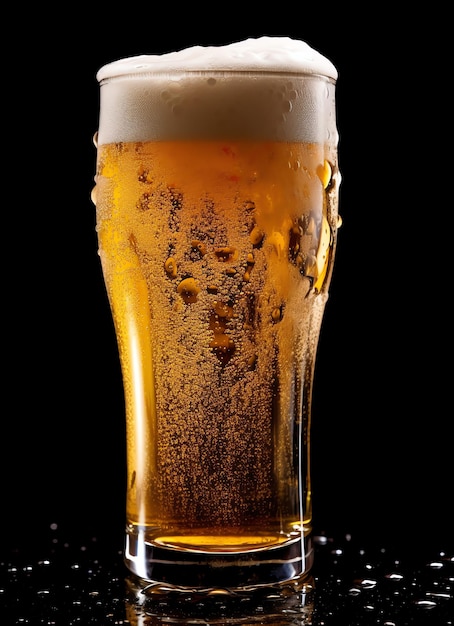 Un verre de bière fraîche et froide avec un bouchon de mousse Éclaboussure de mousse avec une savoureuse bière américaine Journée de la bière