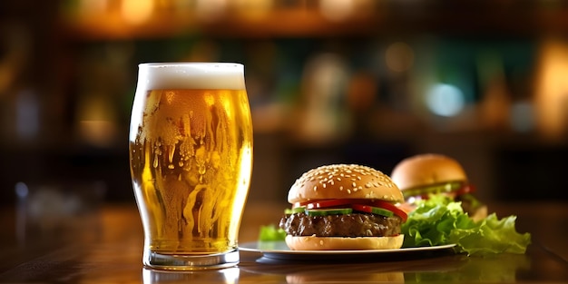 Photo un verre de bière et des hamburgers dans un bar