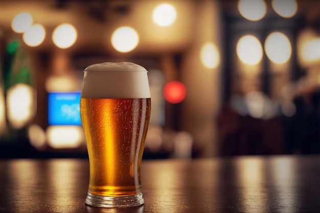 Un verre de bière légère sur un bar de table dans un pub