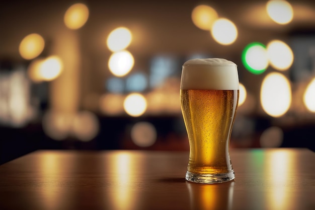 Un verre de bière légère sur un bar de table dans un pub