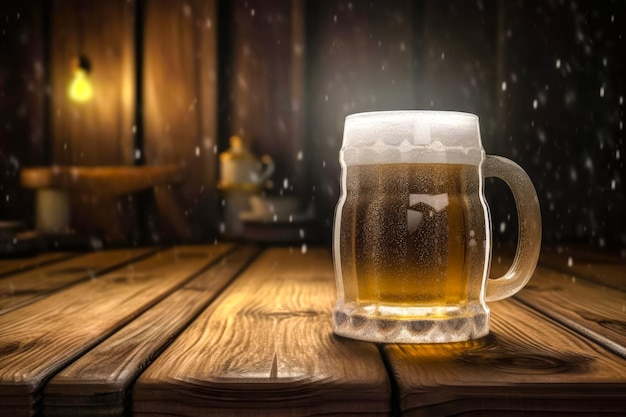 Verre à bière avec mousse de bière blanche sur fond de table en bois généré par Ai