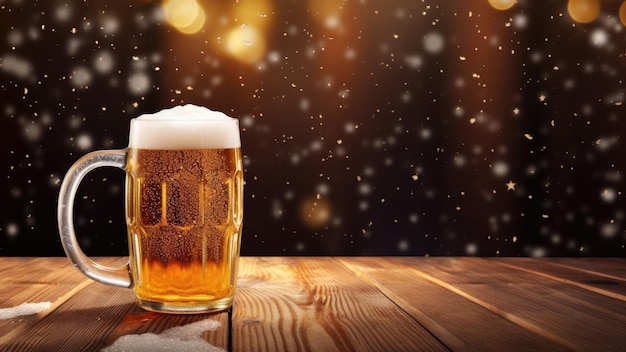 Un verre de bière à mousse festive sur fond de Noël