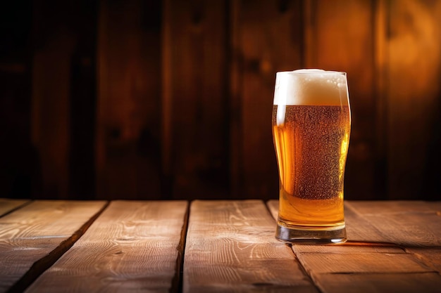 Verre à bière mousseuse sur table en bois