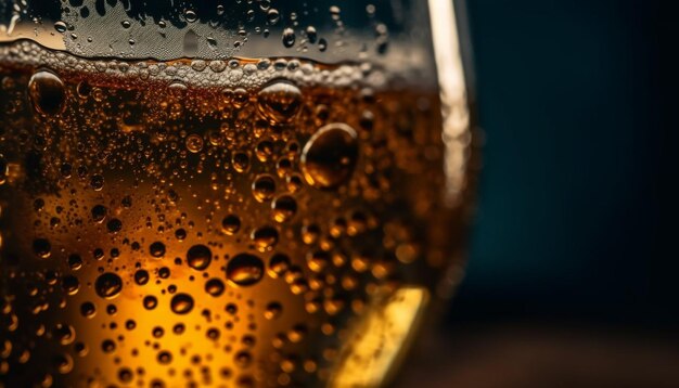 Verre à bière mousseux avec des bulles dorées générées par l'IA