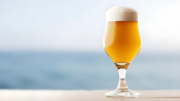 Un verre de bière avec un océan bleu en arrière-plan