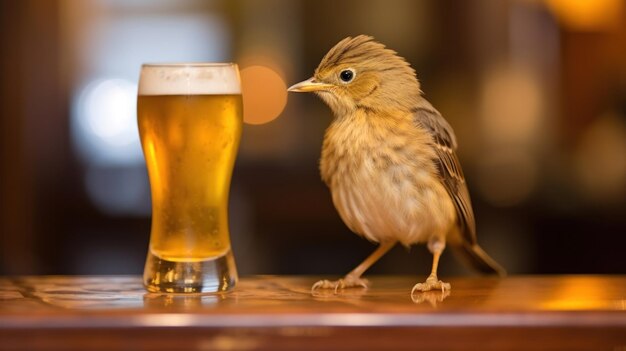 un verre de bière avec un oiseau sur la table à côté