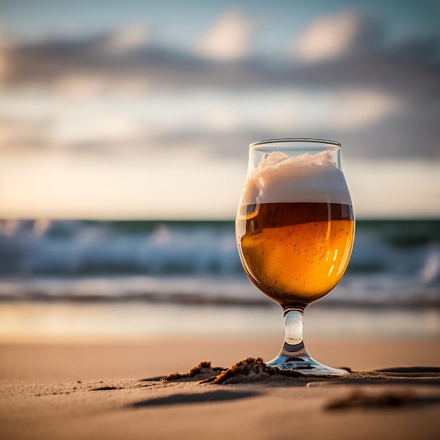 Un verre de bière sur la plage avec l'océan en arrière-plan.