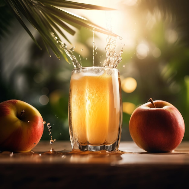 Un verre de bière se verse dans un verre avec une pomme verte dessus.