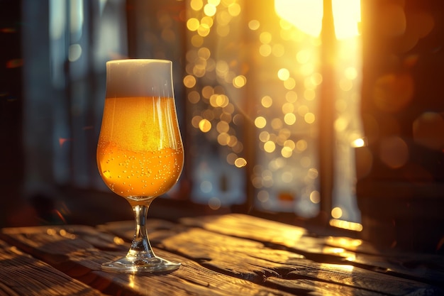 un verre de bière serein sur une table de bar rustique lumière dorée IA générative