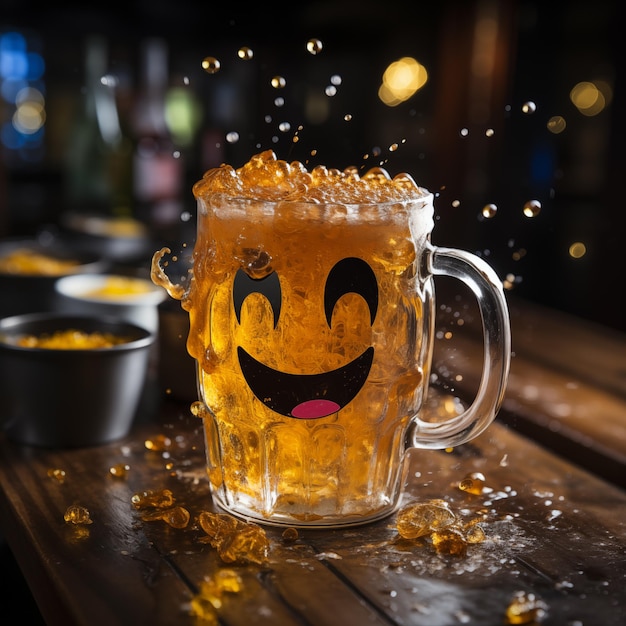 un verre de bière avec un smiley dessus