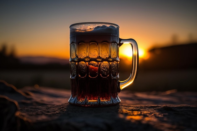 Un verre de bière avec le soleil couchant derrière