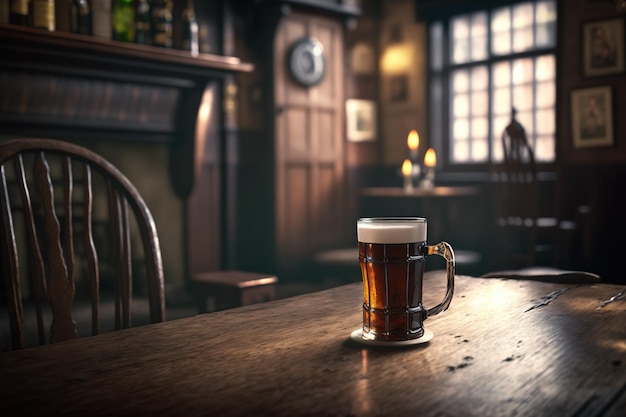 Un verre de bière sur la table en bois brun foncé dans un pub