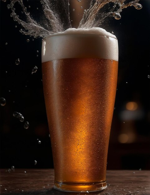 Verre de bière sur une table en bois avec un fond sombre