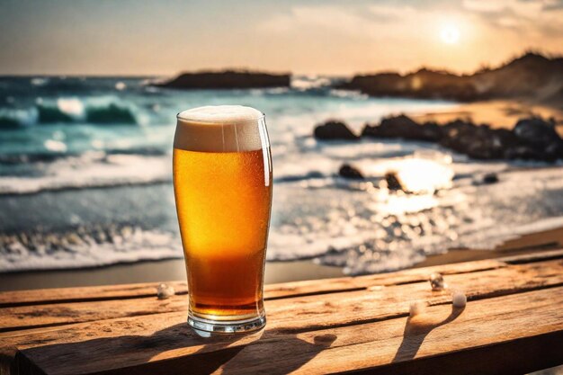 un verre de bière sur une table en bois avec l'océan en arrière-plan