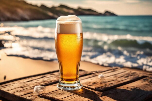 Photo un verre de bière sur une table en bois avec l'océan en arrière-plan