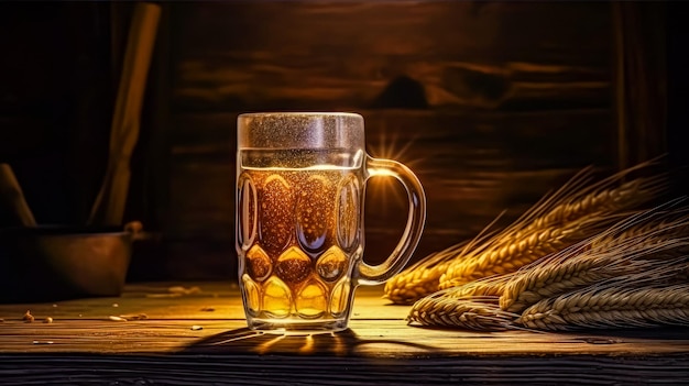 Un verre de bière sur une table en bois.