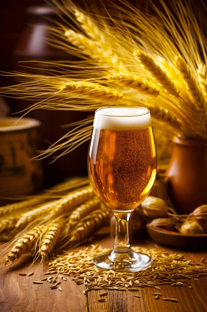 Photo un verre de bière sur la table à côté de quelques épis de blé.