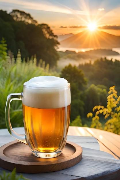 Un verre de bière sur une table avec un coucher de soleil en arrière-plan