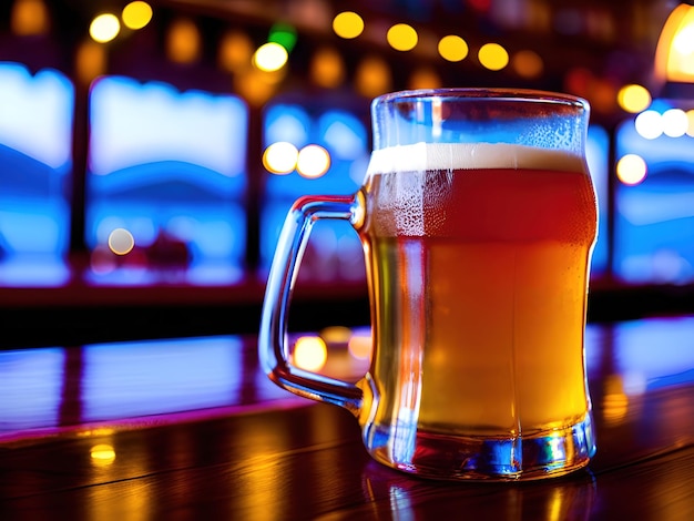 Verre de bière sur la table dans le bar arrière-plan flou avec bokeh