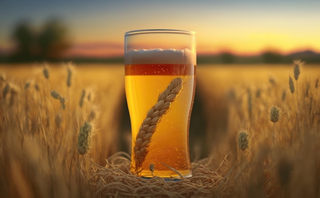 Un verre de bière sur une table dans un champ de blé. ai généré