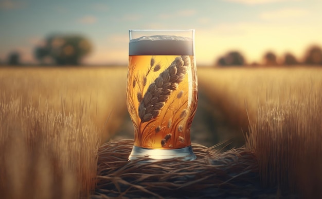 Un verre de bière sur une table dans un champ de blé. ai généré