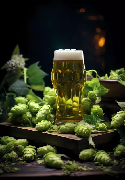 Un verre de bière sur une table entourée de houblon sur fond sombre