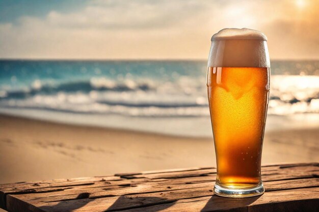 Photo un verre de bière sur une table avec l'océan en arrière-plan