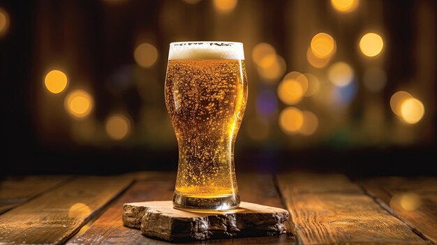 Verre de bière sur une table rustique en bois avec des cônes de houblon