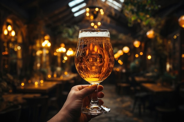 Photo un verre de bière tenu à la main dans un décor rustique generative ai