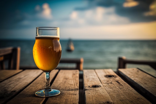 Un verre de bière en verre sur une table en bois dans le fond flou de la mer Generative AI
